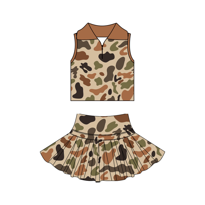 GSD3971 Preorder Baby Girl Camo Zipper Top Skirt Short Yoga Active Clothes Set