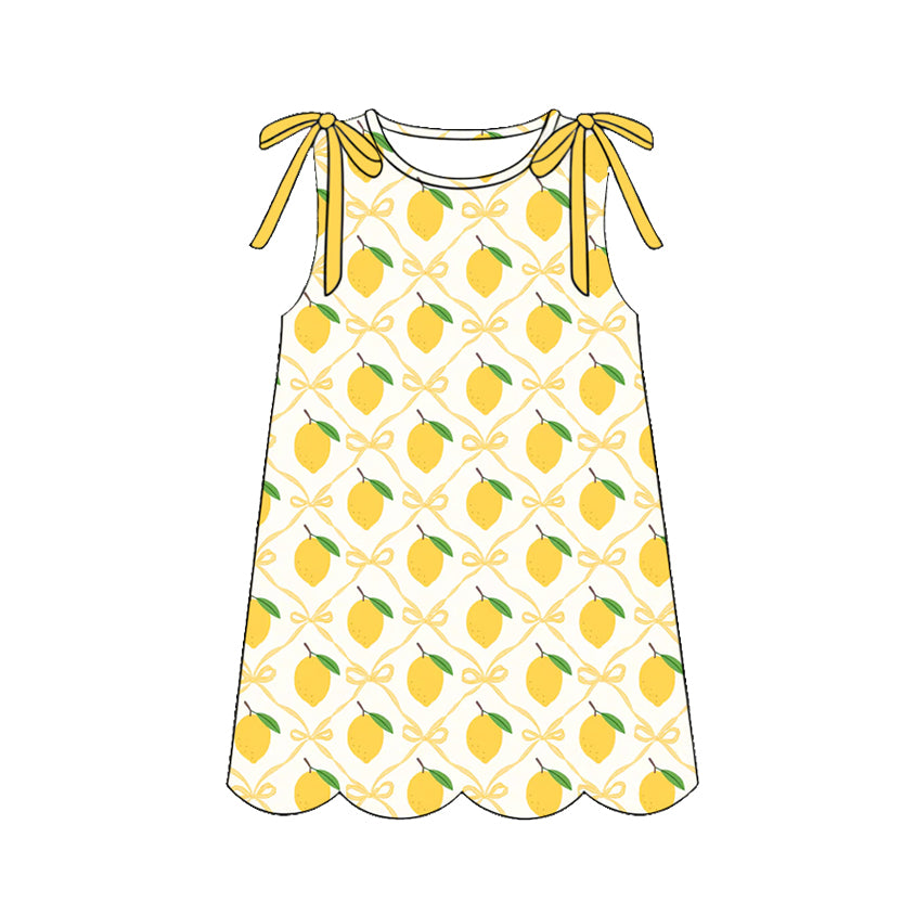 GSD3973 Preorder Baby Girl Sleeveless Bows Lemons Checked Scallop Knee Length Dresses