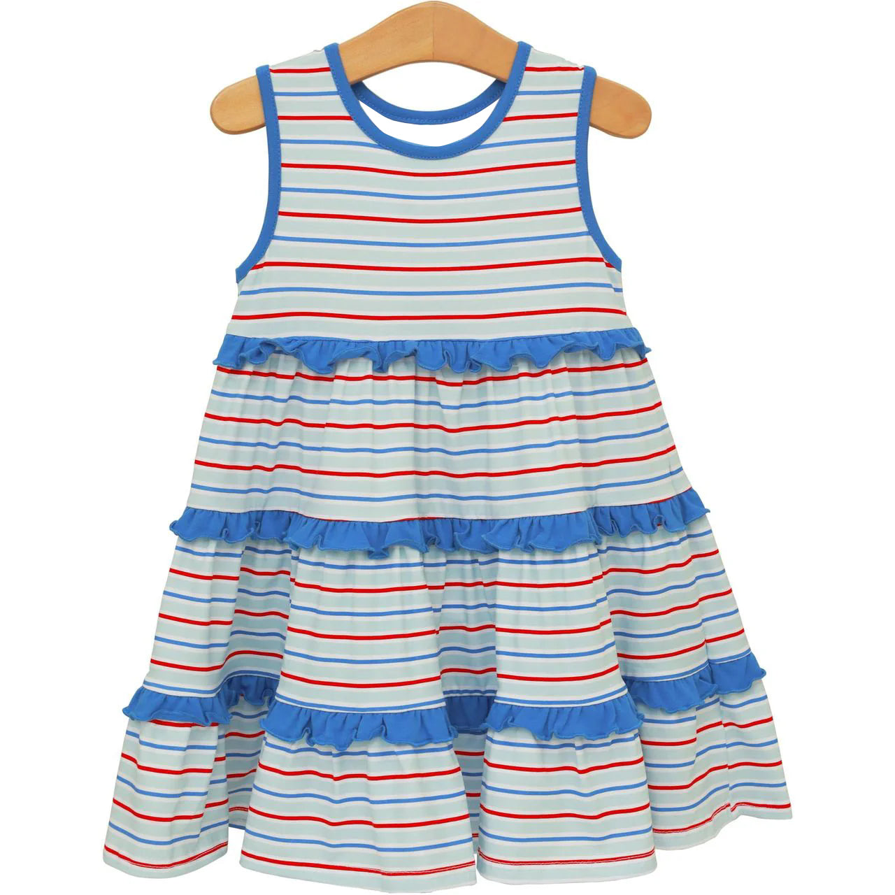 GSD3985 Preorder Baby Girl Sleeveless Red Blue Stripe 4th of July Patchwork Knee Length Dress