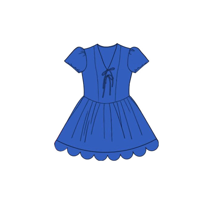 GSD3995 Preorder Baby Girl Hot Blue Short Ruffle Sleeve Scallop Princess Knee Length Dress
