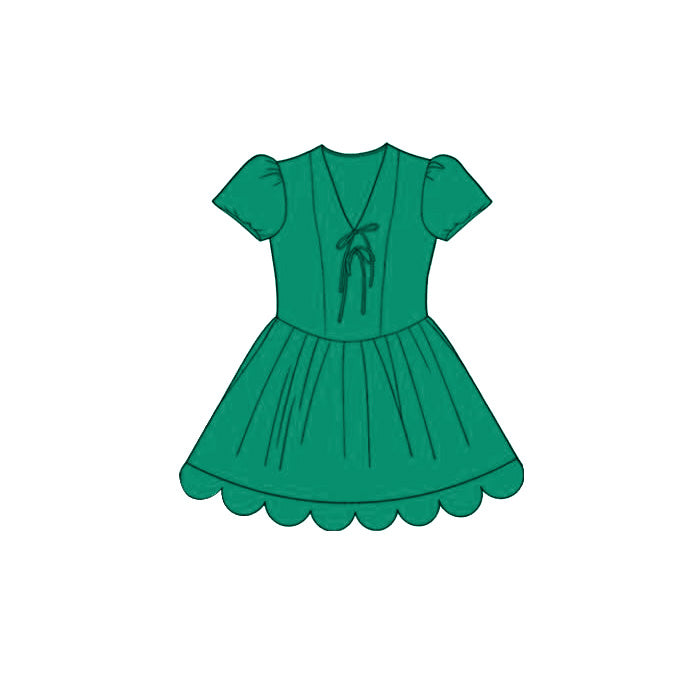 GSD3998 Preorder Baby Girl Green Short Ruffle Sleeve Scallop Princess Knee Length Dress