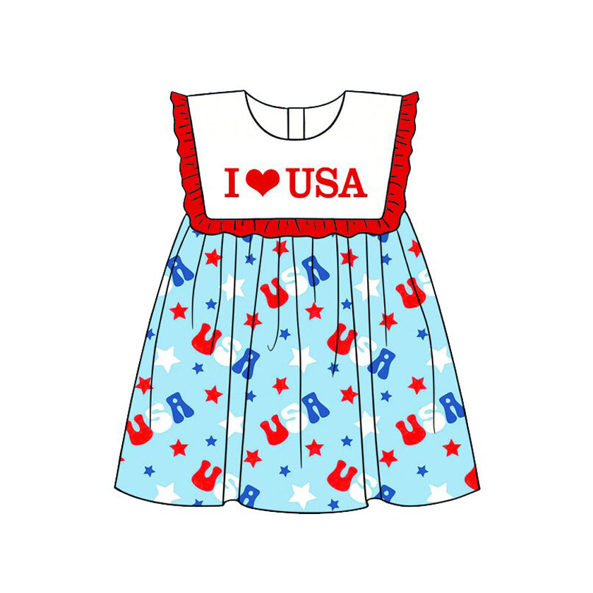 GSD4002 Preorder Baby Girl Sleeveless I Love USA Stars 4th of July knee Length Dresses