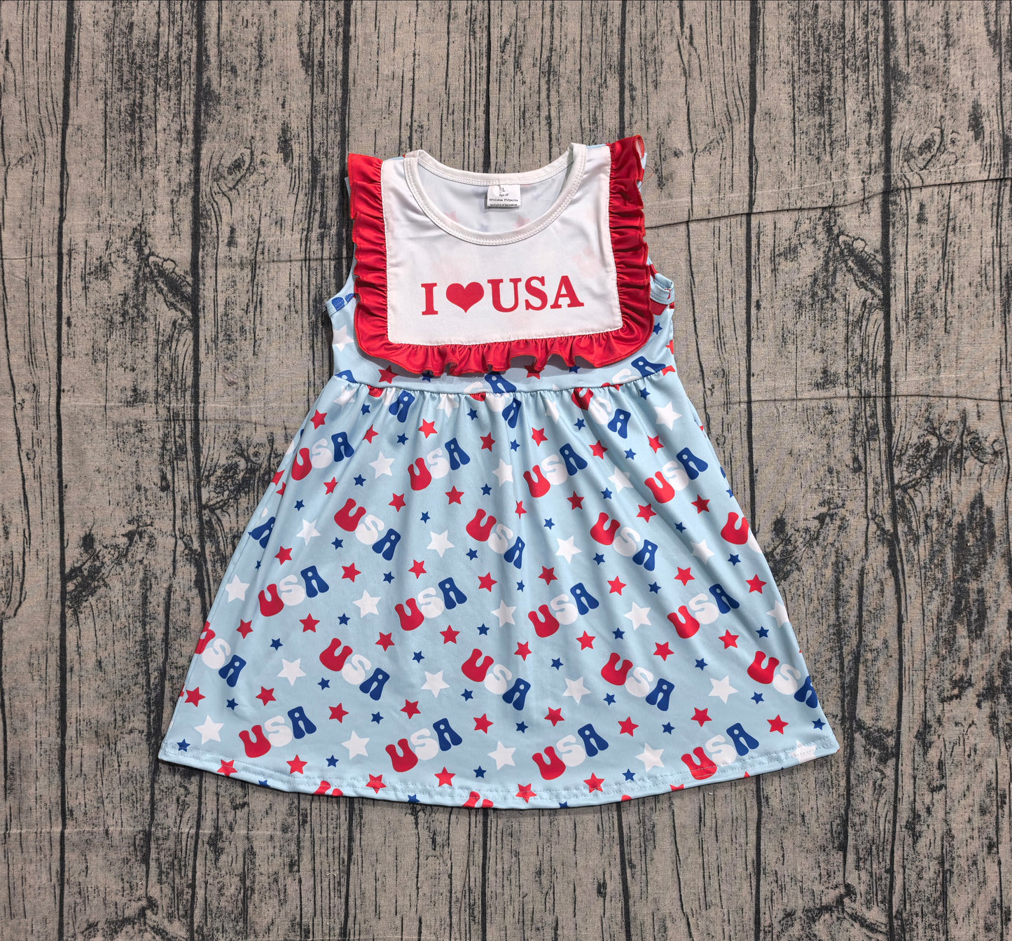 GSD4002 Preorder Sample Baby Girls Sleeveless I Love USA Stars 4th of July Knee Length Dresses