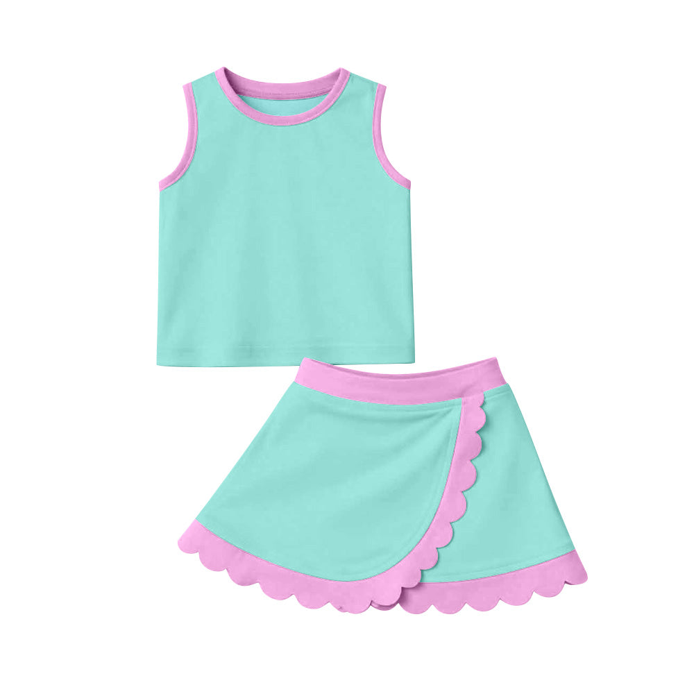 GSD4012 Preorder Baby Girls Sleeveless Light Blue Vest Scallop Skirt Short Yoga Active Clothes Set