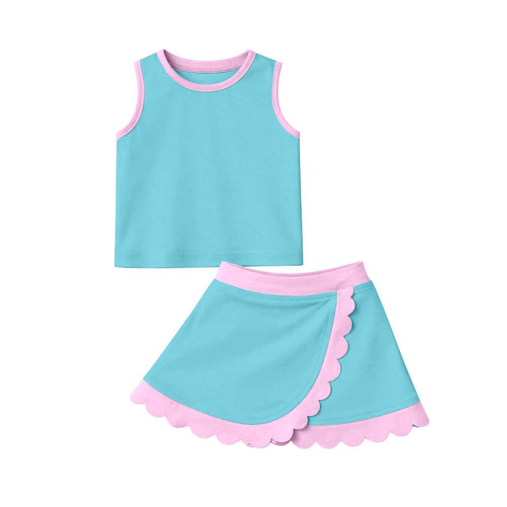 GSD4013 Preorder Baby Girls Sleeveless Lake Blue Vest Scallop Skirt Short Yoga Active Clothes Set