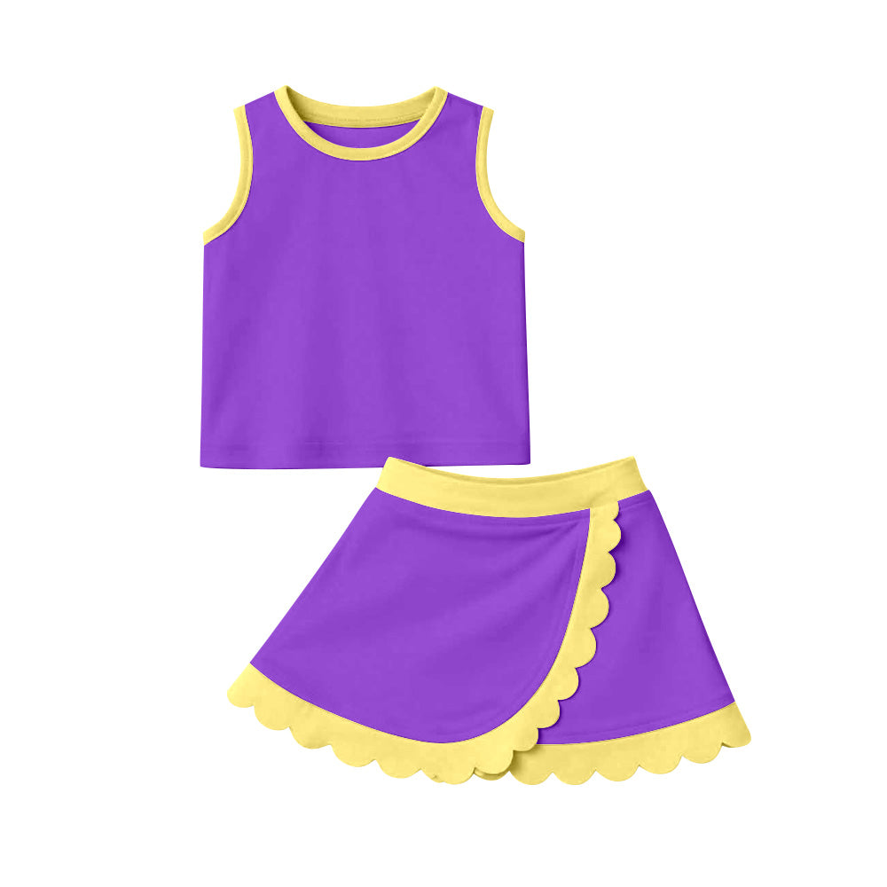 GSD4015 Preorder Baby Girls Sleeveless Purple Vest Scallop Skirt Short Yoga Active Clothes Set