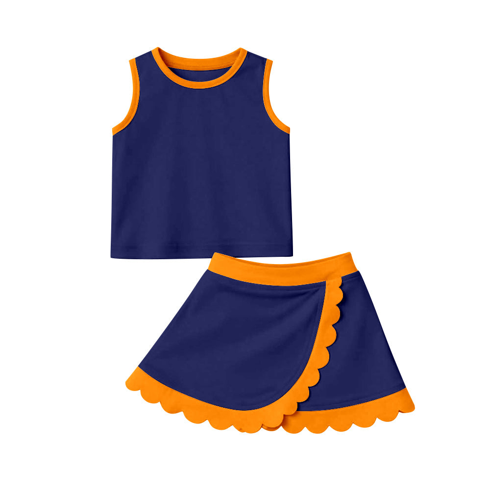 GSD4017 Preorder Baby Girls Sleeveless Navy Vest Scallop Skirt Short Yoga Active Clothes Set