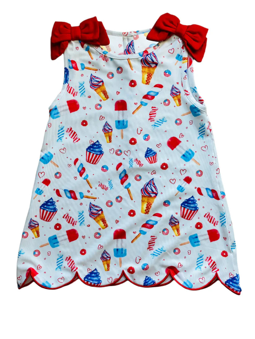 GSD4018 Preorder Baby Girls Sleeveless Popsicle Donuts 4th of July Scallop Knee Length Dresses
