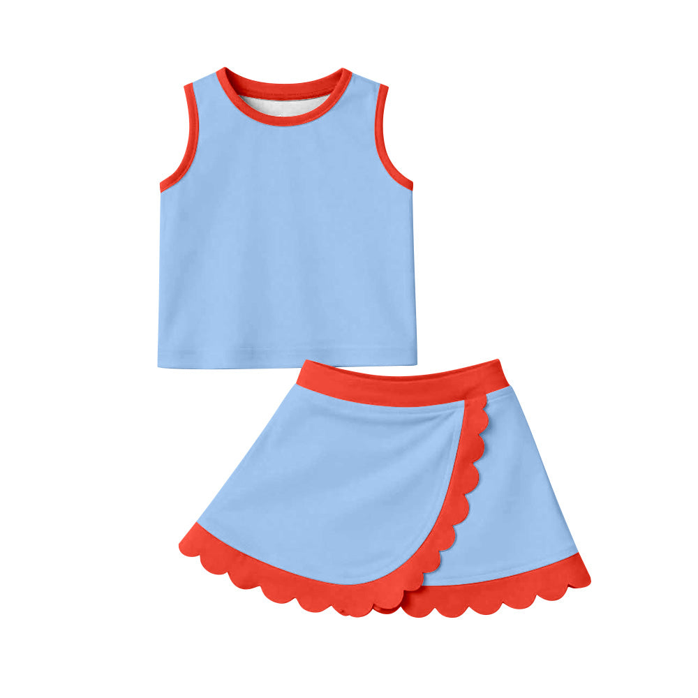 GSD4020 Preorder Baby Girls Sleeveless Blue Red Vest Scallop Skirt Short Yoga Active Clothes Set