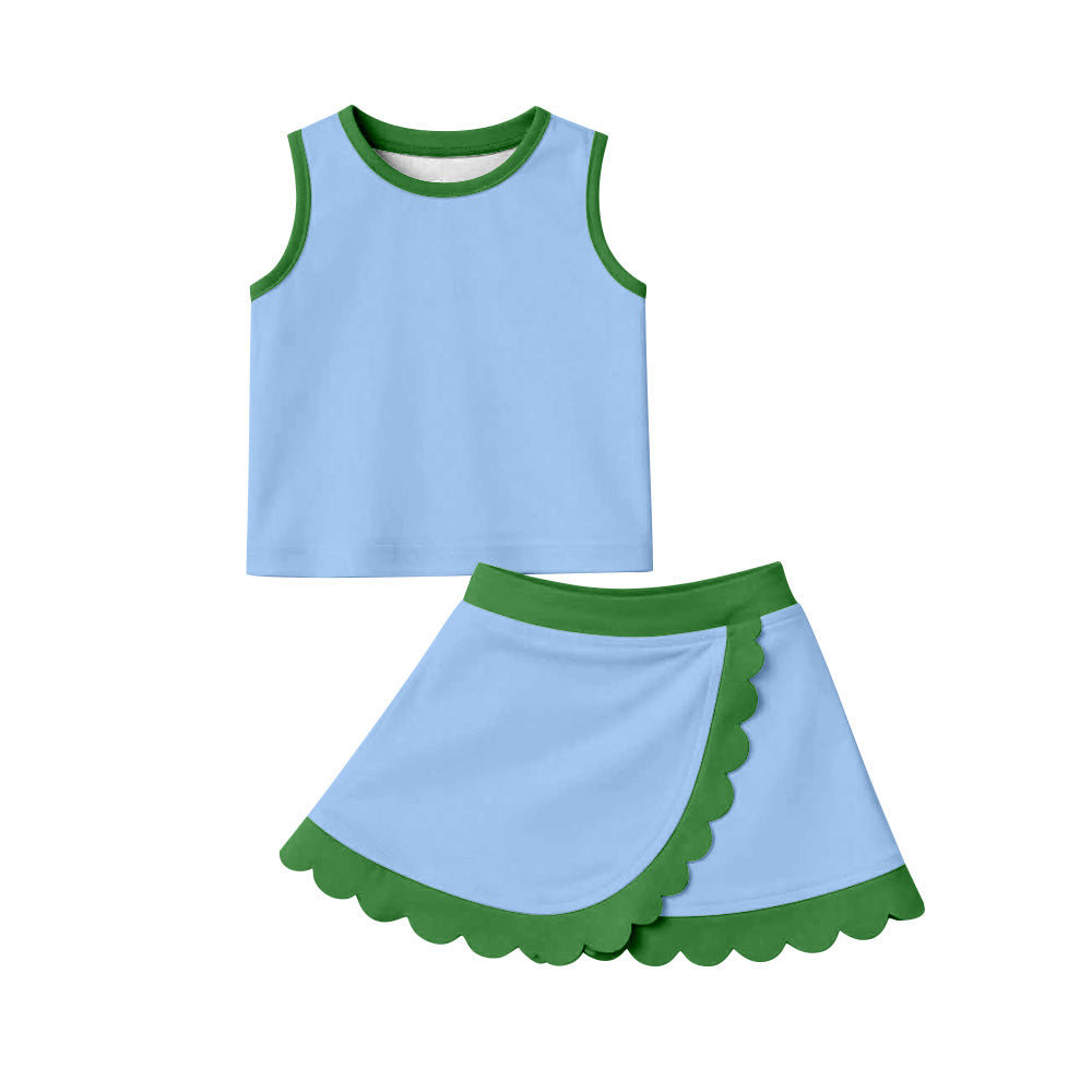 GSD4021 Preorder Baby Girls Sleeveless Blue Green Vest Scallop Skirt Short Yoga Active Clothes Set