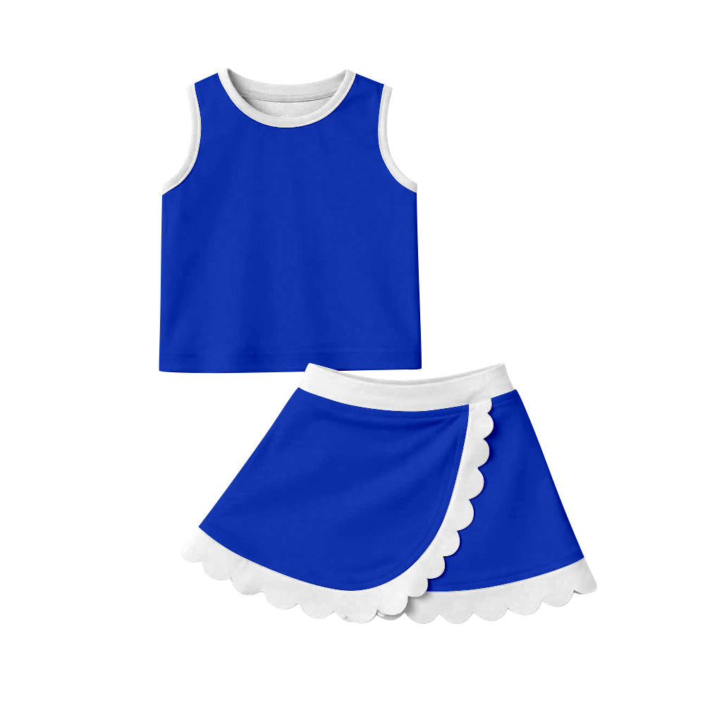 GSD4023 Preorder Baby Girls Sleeveless Hot Blue Vest Scallop Skirt Short Yoga Active Clothes Set
