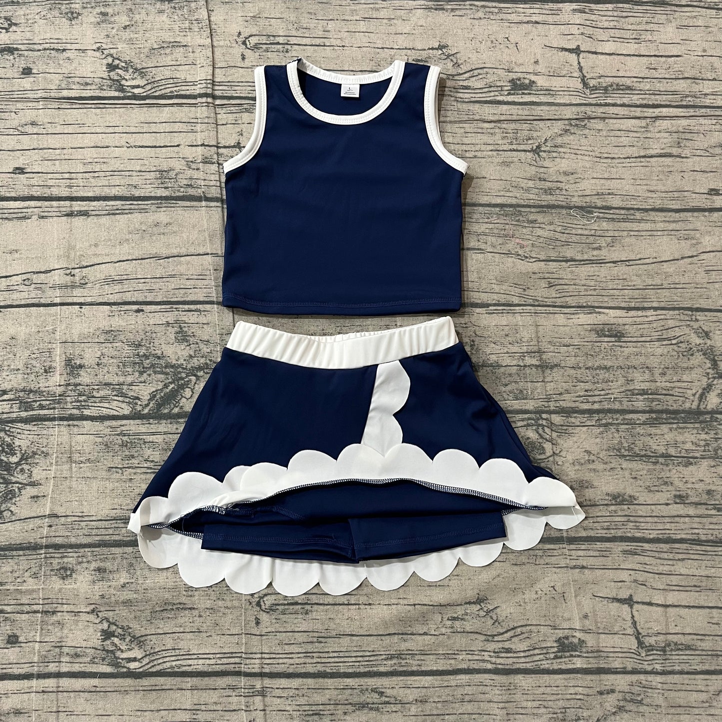 GSD4024 Preorder Sample Baby Girls Sleeveless Navy Vest Scallop Skirt Short Yoga Active Clothes Set