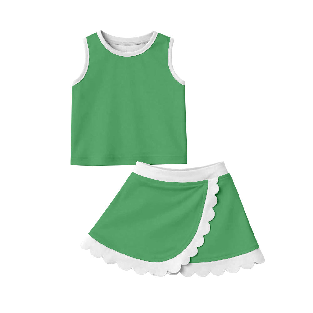 GSD4025 Preorder Baby Girls Sleeveless Green Vest Scallop Skirt Short Yoga Active Clothes Set