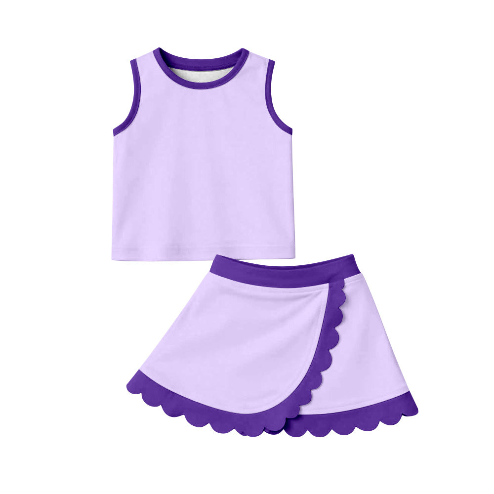 GSD4026 Preorder Baby Girls Sleeveless Purple Vest Scallop Skirt Short Yoga Active Clothes Set