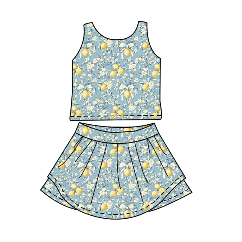 GSD4030 Preorder Baby Girls Lemon Flowers Bows Vest Skirt Short Yoga Active Clothes Set