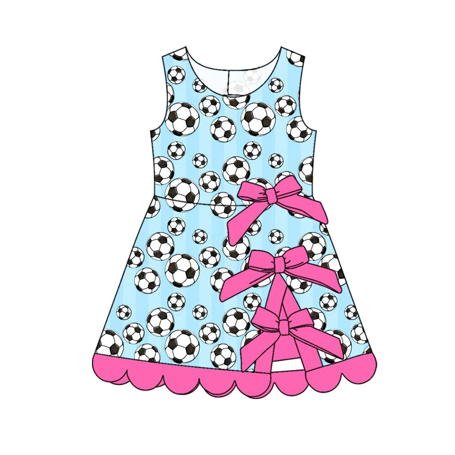 GSD4034 Preorder Baby Girls Footballs Team Yoga Active Scallop Bows Short Knee Length Dress