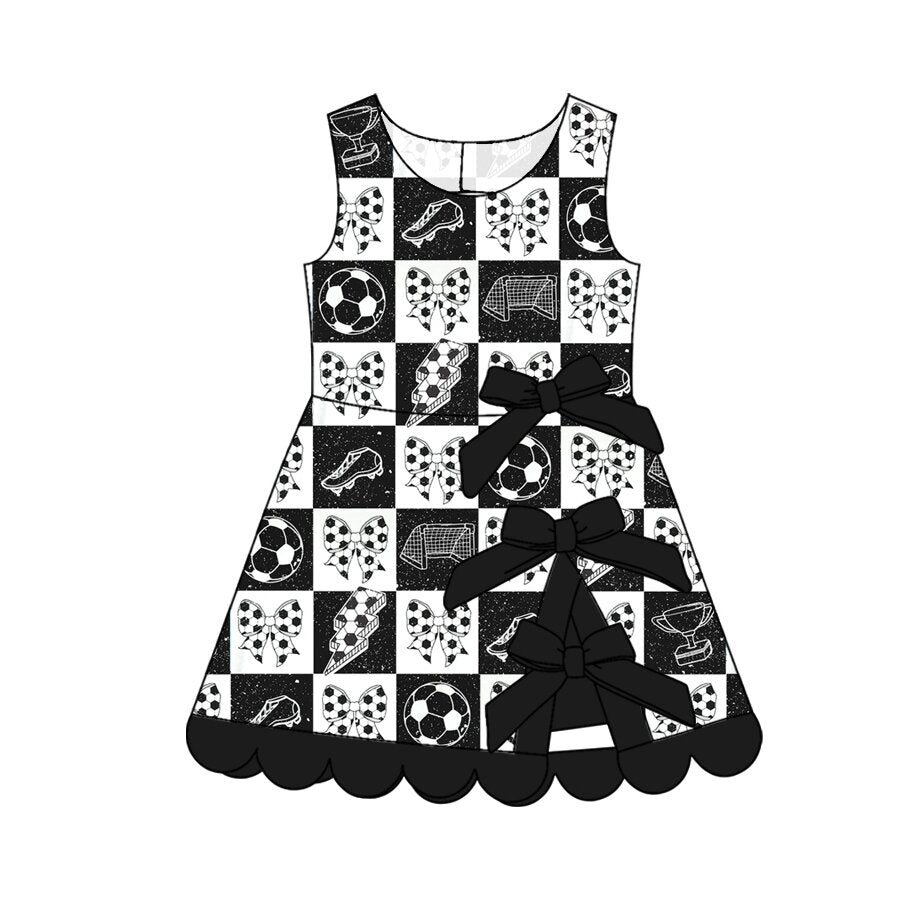 GSD4035 Preorder Baby Girls Footballs Bows Team Yoga Active Scallop Short Knee Length Dress