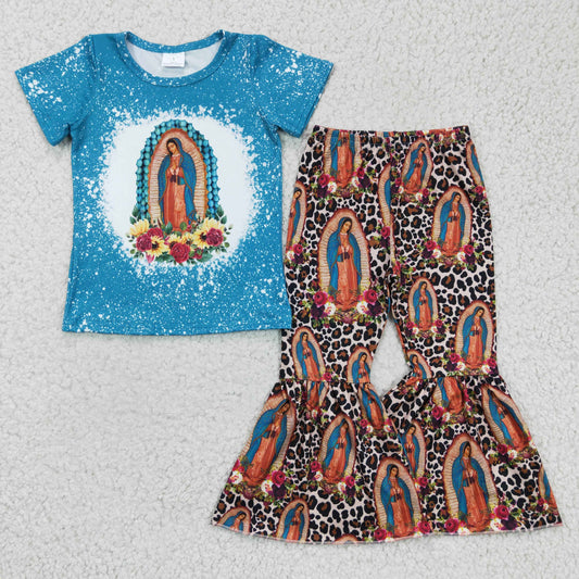 RTS NO MOQ(In Stock) GSPO0272 Girl's Virgin Mary Blue Short-Sleeve Pants Set