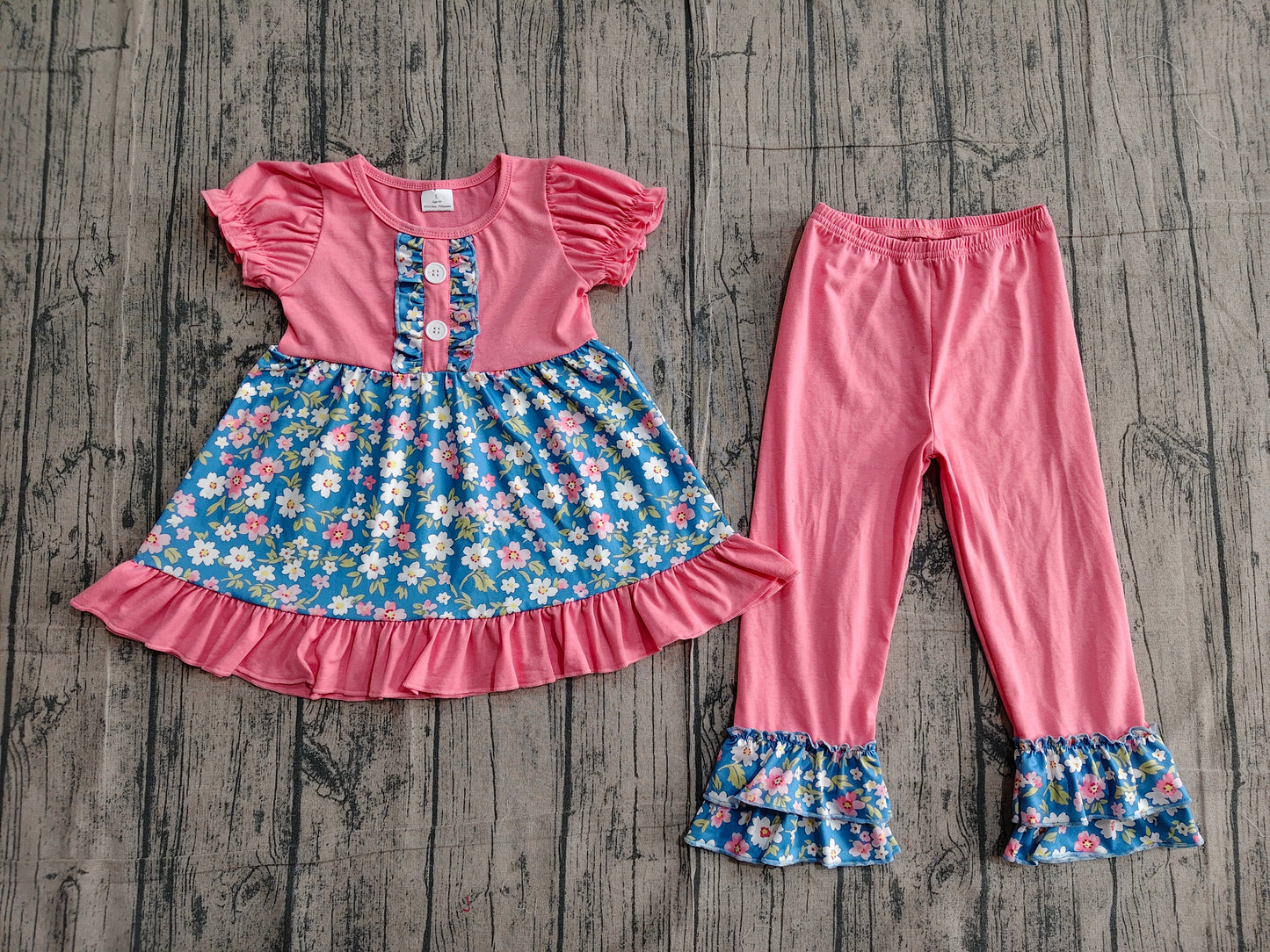 GSPO1814 Preorder Sample Baby Girl Navy Pink Flowers Tunic Ruffle Pants Clothing Sets