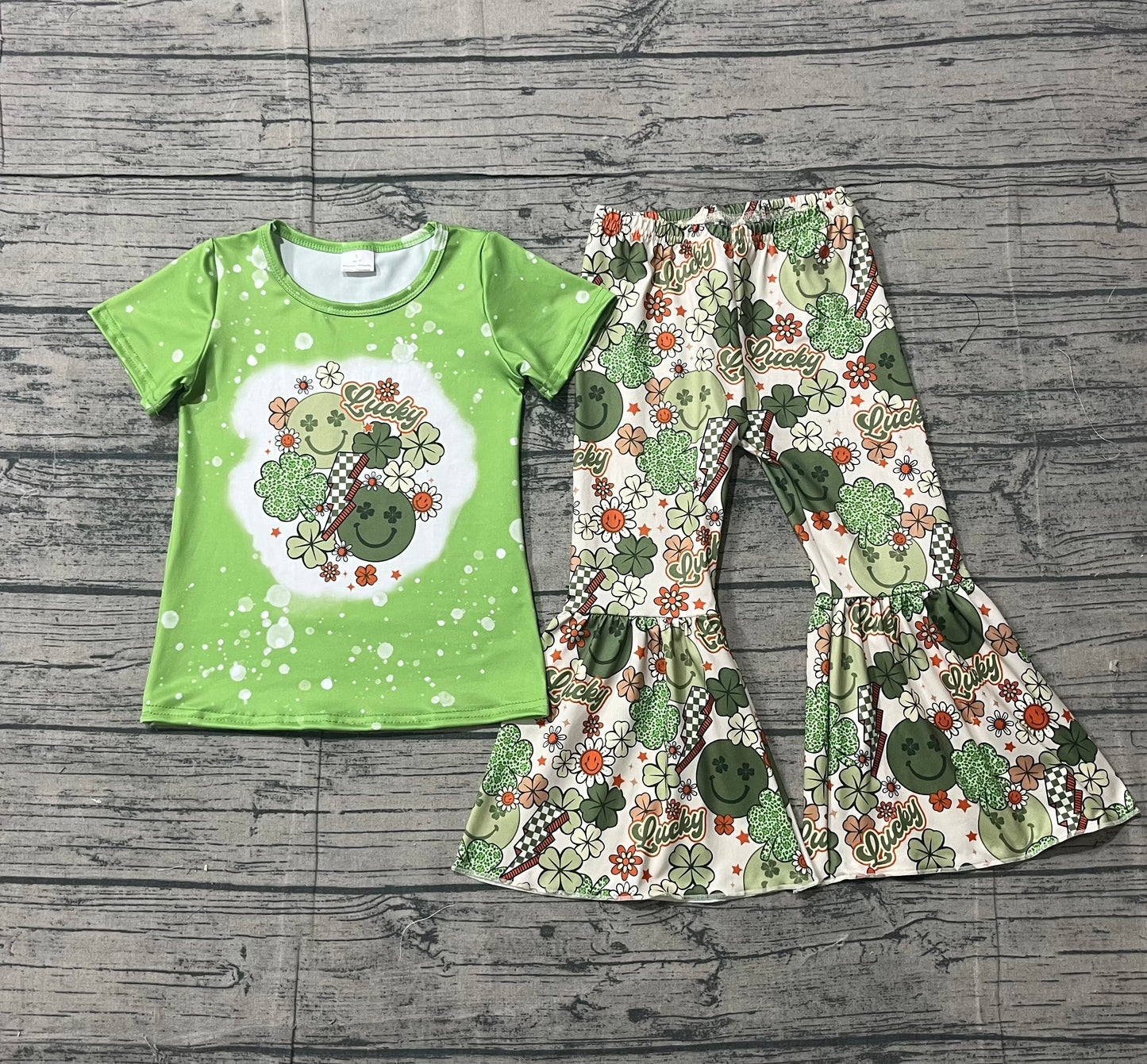 GSPO1876 Baby Girls Clover Lucky Girl Top Bell Bottom Pants St Patrick Clothes Sets -26.1.13