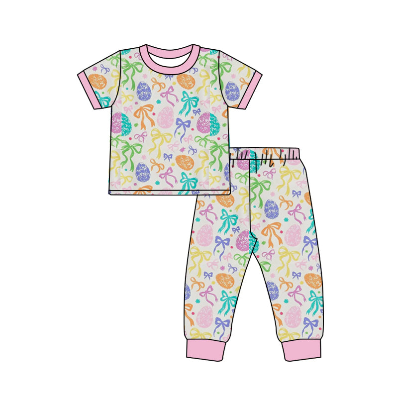 Pre-order no moq GSPO2287 toddler girl clothes easter eggs bow short sleeve bell bottom pant set-26.1.13