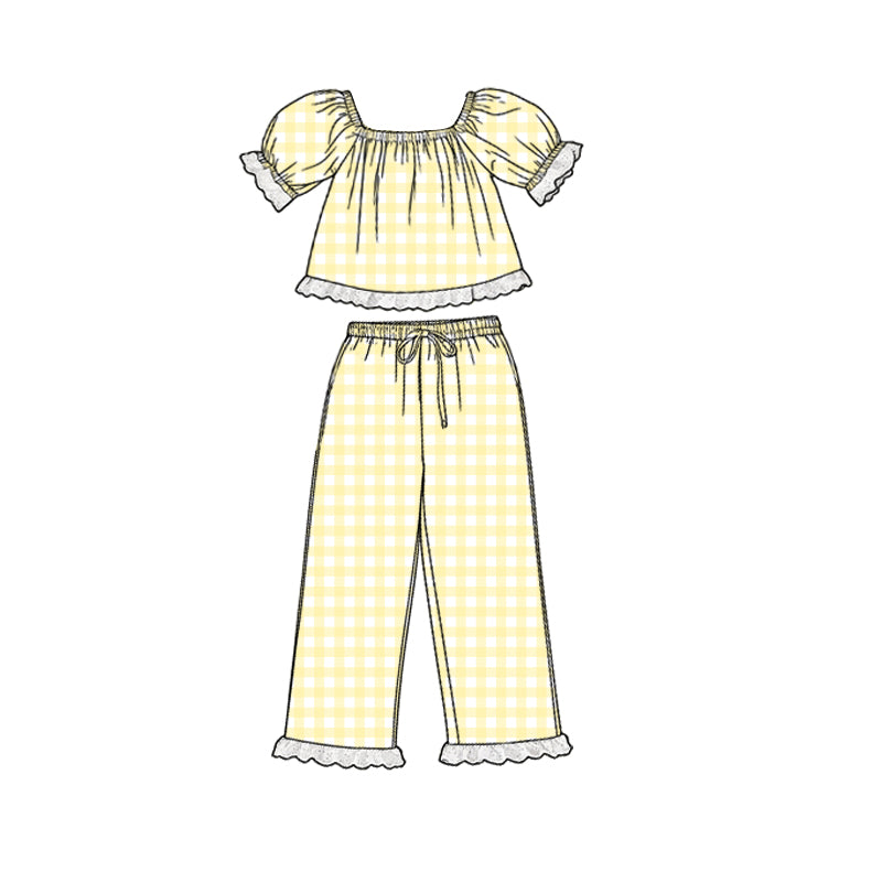 GSPO2292 Preorder Baby Girl Short Sleeve Yellow Checked Tunic Ruffle Pants Clothes Sets