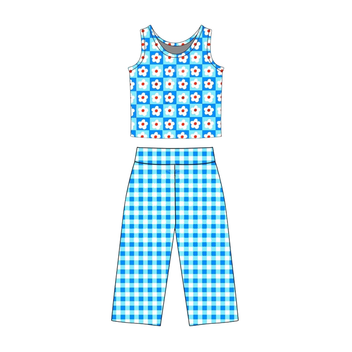 GSPO2295 Preorder Baby Girl Sleeveless Flowers Checked Top Flare Pants Clothes Sets