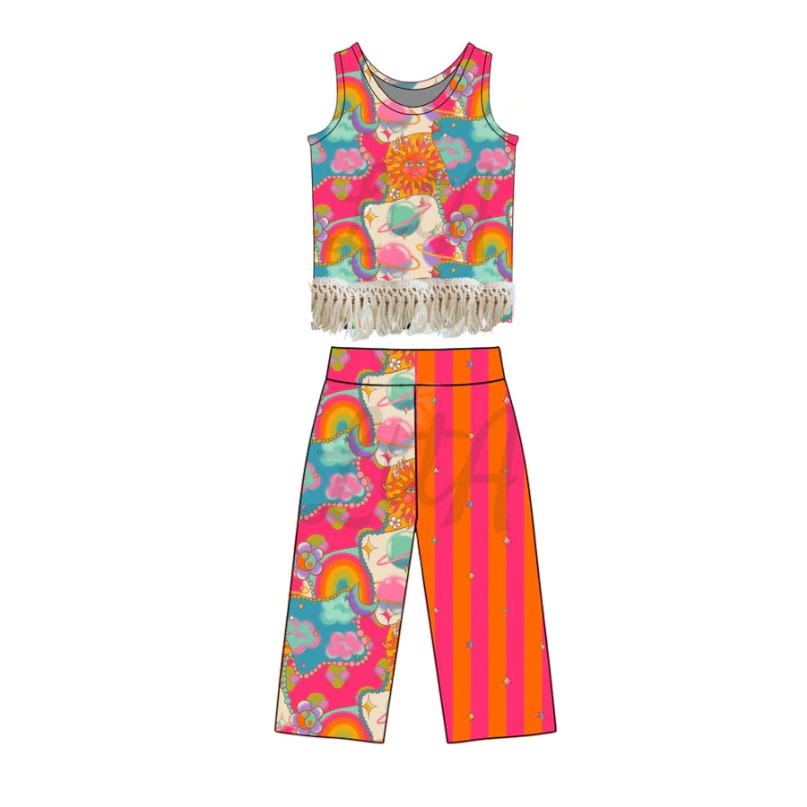 GSPO2296 Preorder Baby Girl Sleeveless Flowers Sun Top Flare Pants Clothes Sets