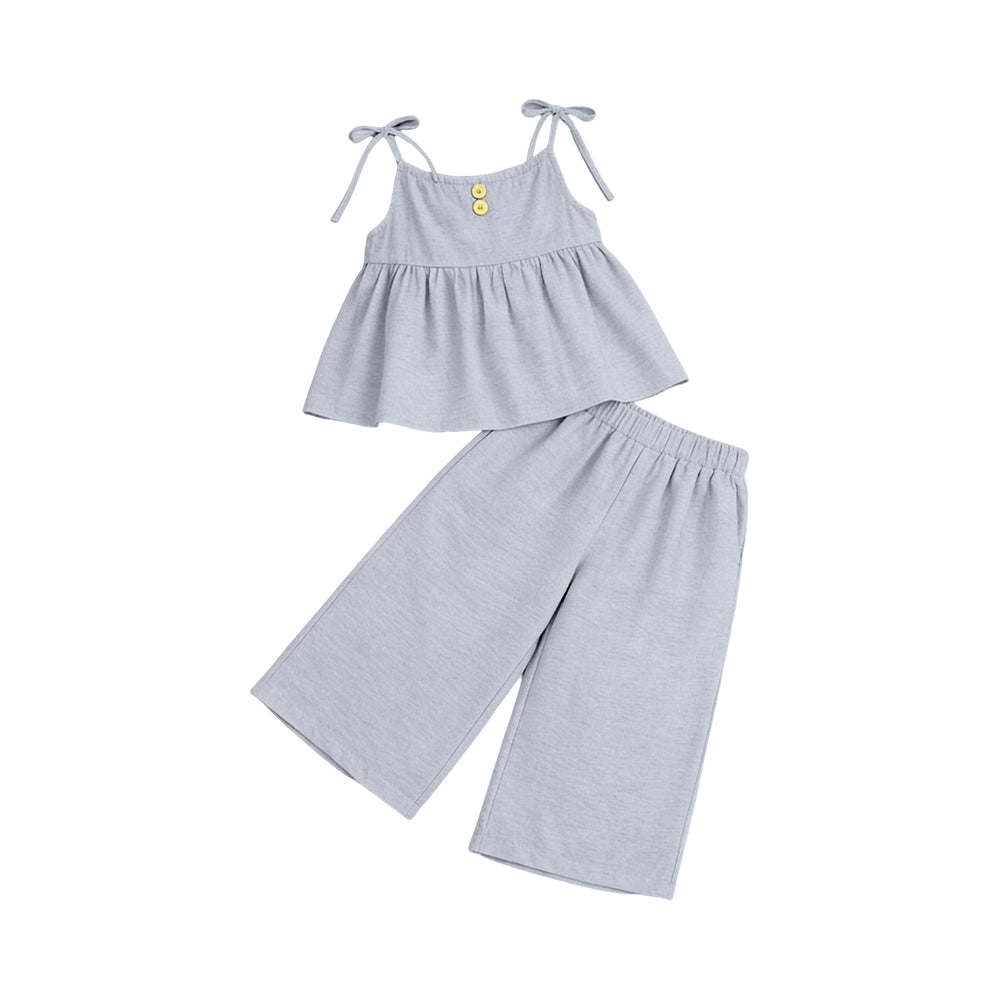 GSPO2301 Preorder Baby Girl Light Grey Strap Button Tunic Flare Pants Clothes Sets