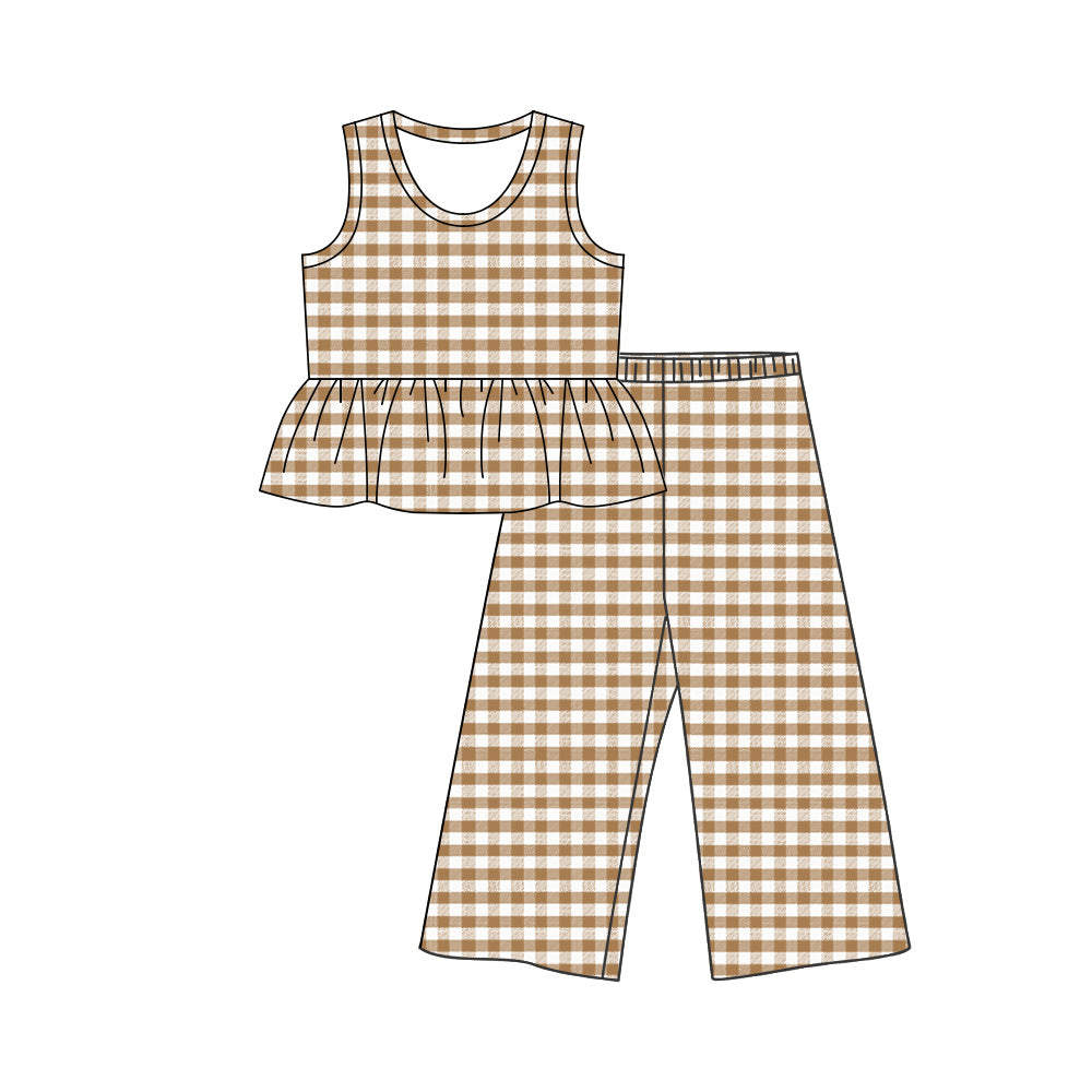 GSPO2310 Preorder Baby Girl Khaki Checked Tunic Flare Pants Clothes Set
