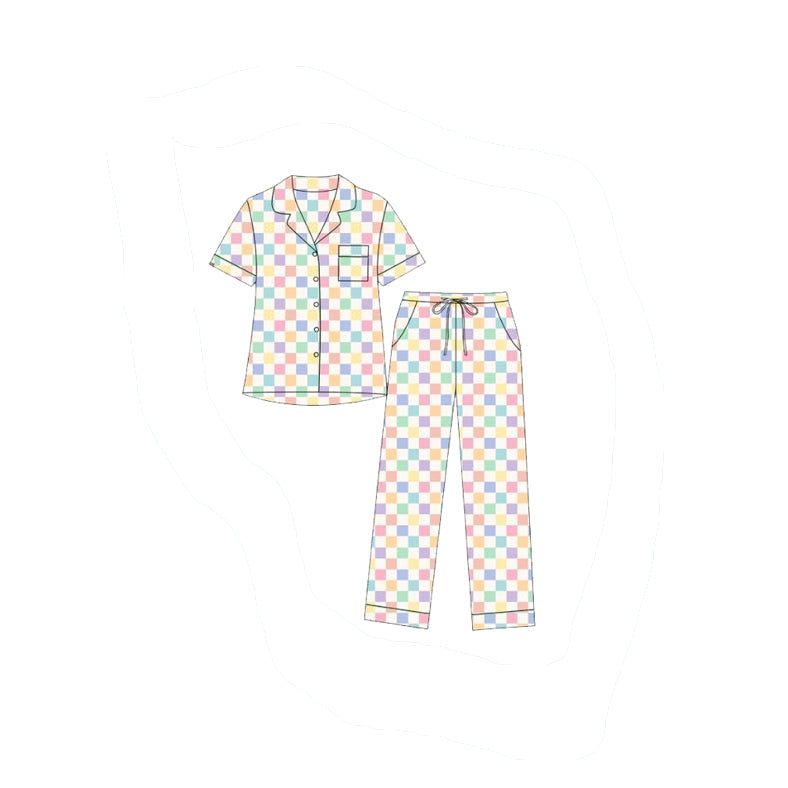 GSPO2313 Preorder Baby Girls Colorful Checked Button Pocket Top Pants Pajamas Clothes Set
