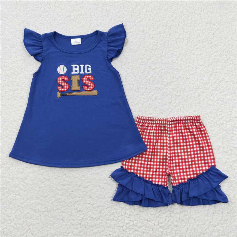 GSSO0219 Baby Girl Big Sister Baseball Summer Ruffle Shorts Sets