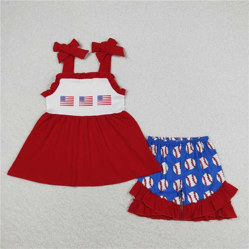 GSSO0736 Baby Girl Baseball Flags Straps Tunic Top Ruffle Shorts Clothes Sets