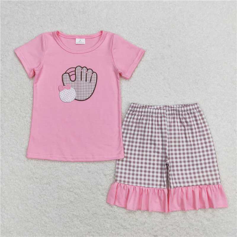 GSSO0828 Baby Girl Pink Baseball Shirt Top Ruffle Shorts Clothes Sets