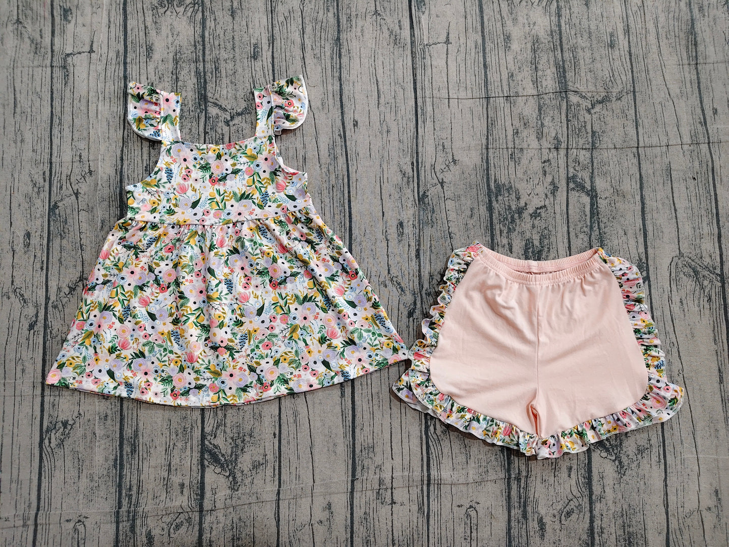 GSSO2180 Preorder Sample Baby Girls Pink Flowers Tunic Top Ruffle Shorts Clothes Sets