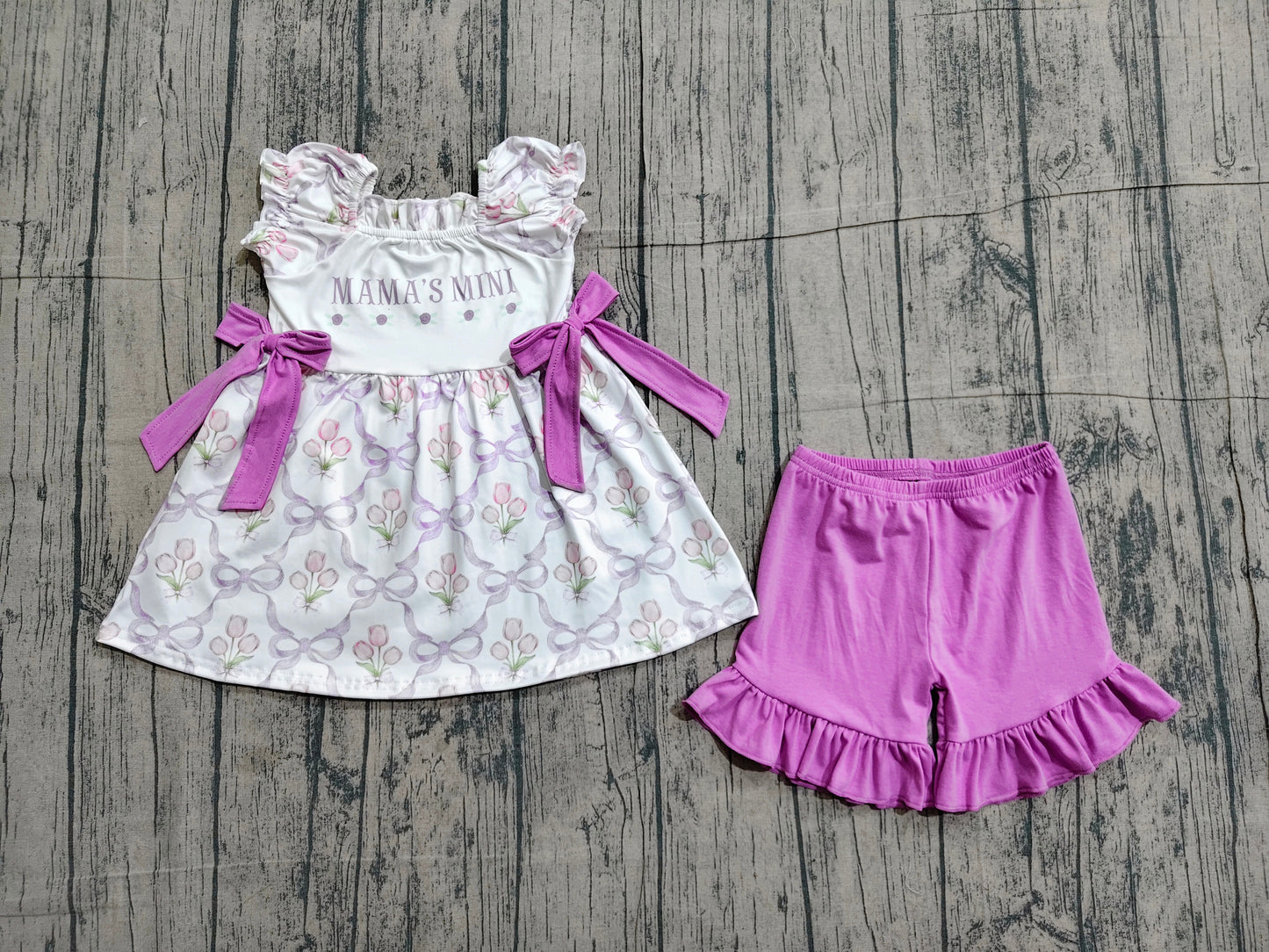 GSSO2489 Preorder Sample Baby Girl Bows Mama's Mini Tunic Ruffle Short Clothes Set