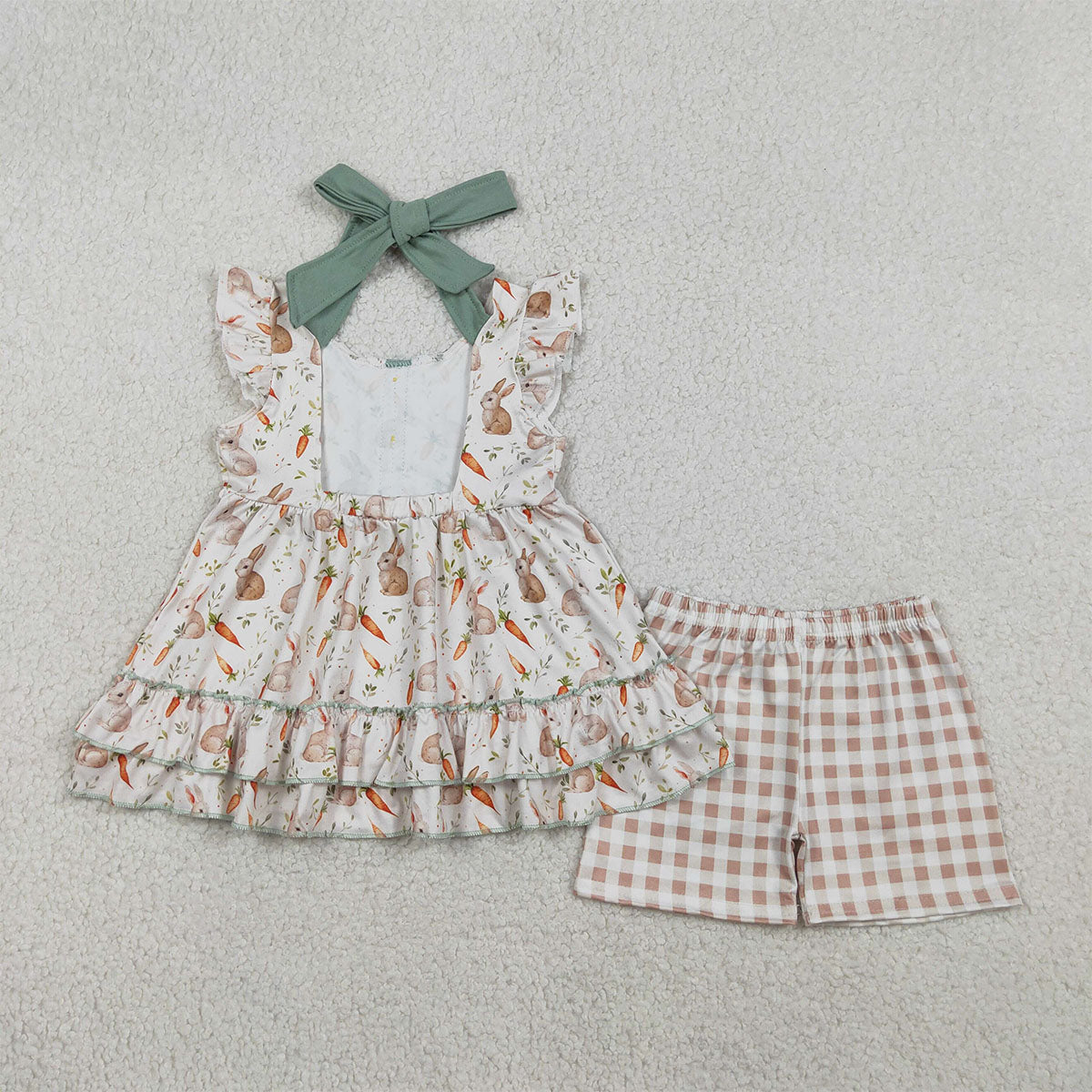 GSSO2980 Baby Girl Carrot Rabbits Button Strap Tunic Checked Shorts Easter Clothes Sets