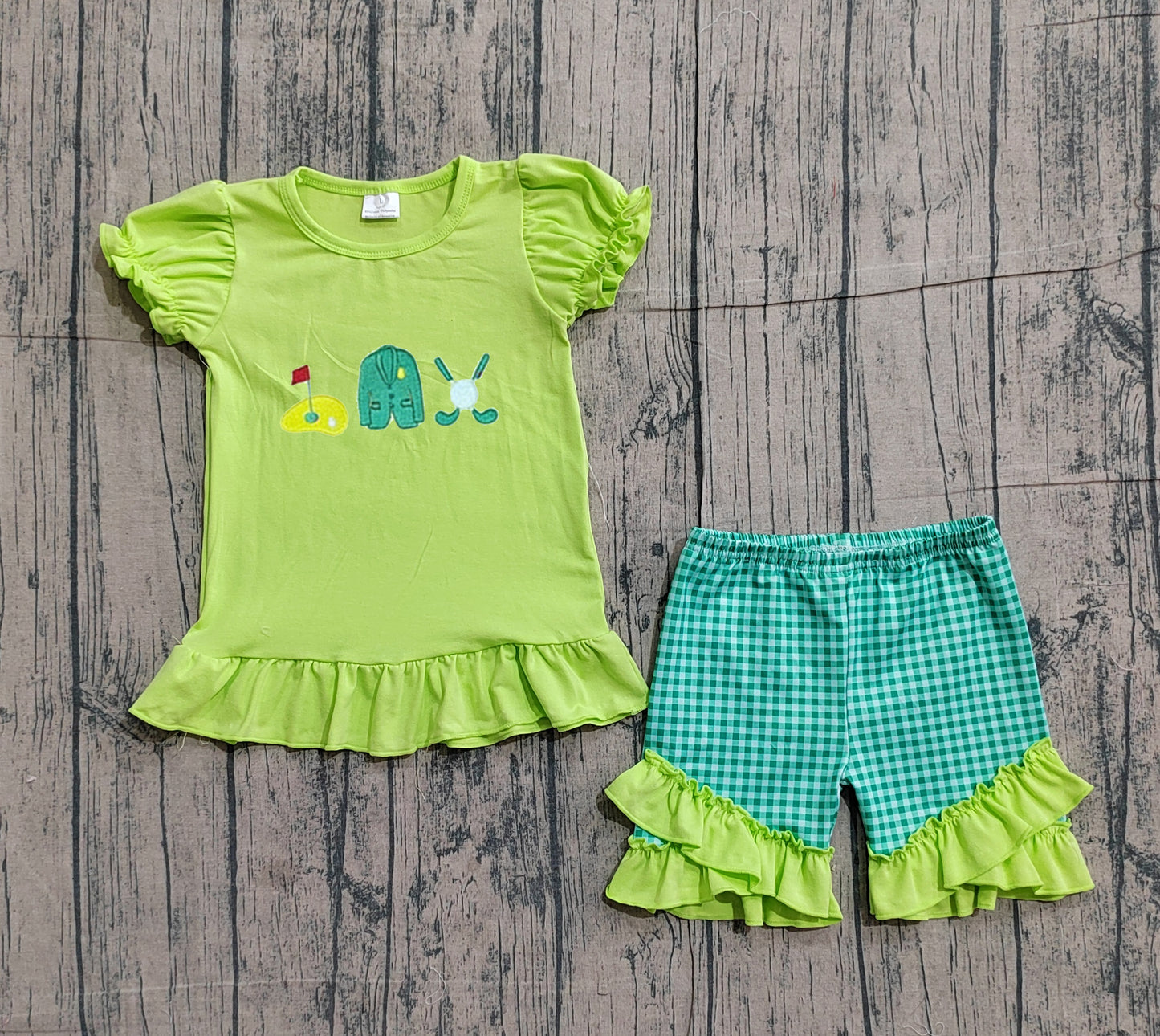 GSSO3033 Preorder Sample Baby Girl Golf Flag Top Green Checked Ruffle Shorts Clothes Sets
