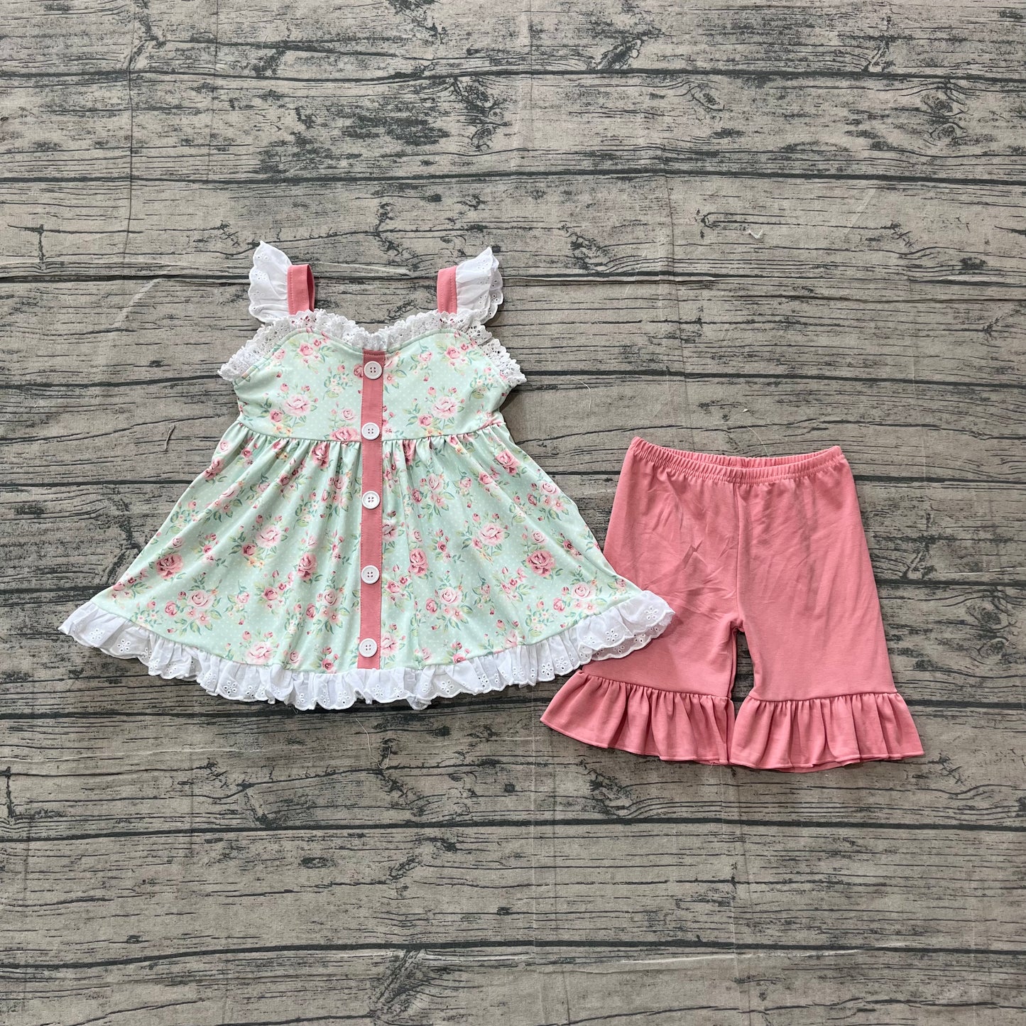 GSSO3036 Preorder Sample Baby Girl Colorful Flowers Button Tunic Ruffle Shorts Clothes Sets