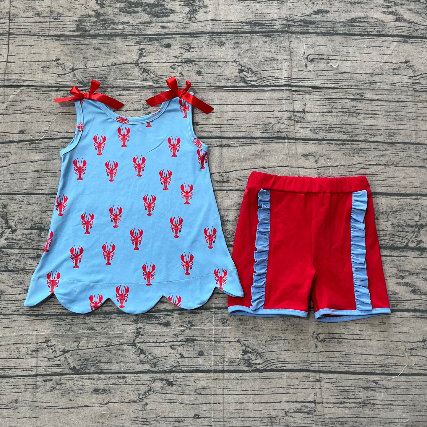 GSSO3050 Preorder Sample Baby Girl Sleeveless Crayfishes Back Button Tunic Ruffle Shorts Clothes Sets