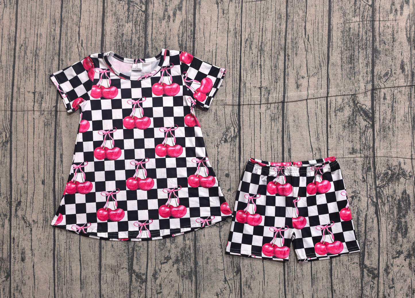GSSO3075 Preorder Sample Baby Girl Black Checked Cherry Tunic Shorts Clothes Sets