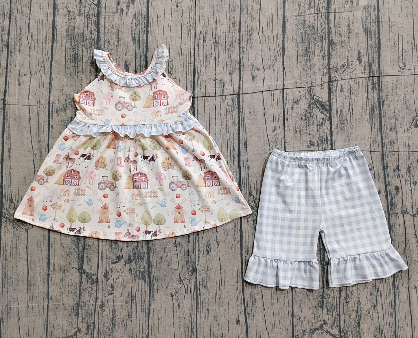 GSSO3077 Preorder Sample Baby Girl Farm Collar Tunic Ruffle Checked Shorts Clothes Sets