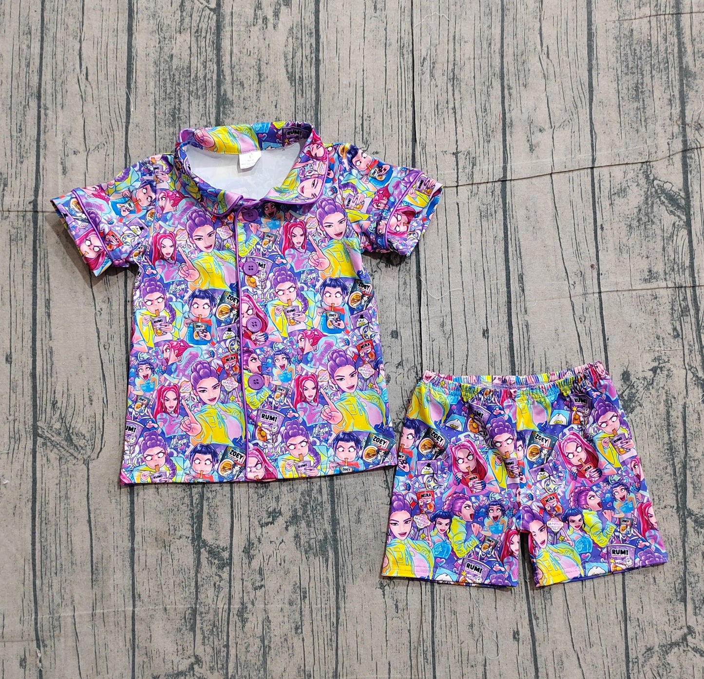 GSSO3087 Preorder Sample Baby Girl Demon Hunter Button Top Shorts Pajamas Sets