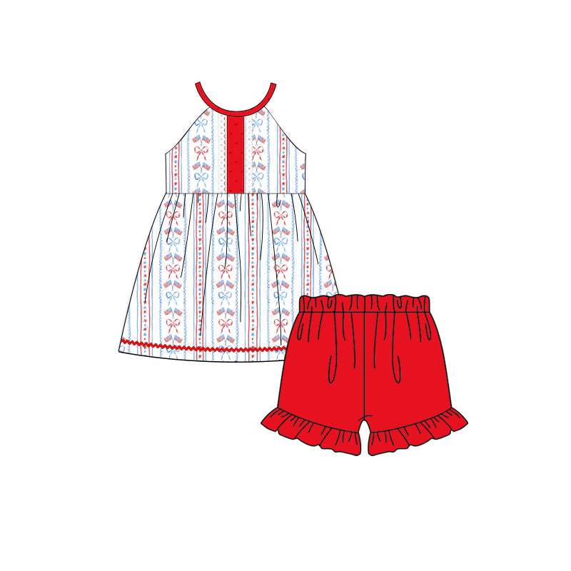 Pre-order no moq GSSO3130 pre-order baby girl clothes bow flag sleeveless shorts summer outfit-26.1.5