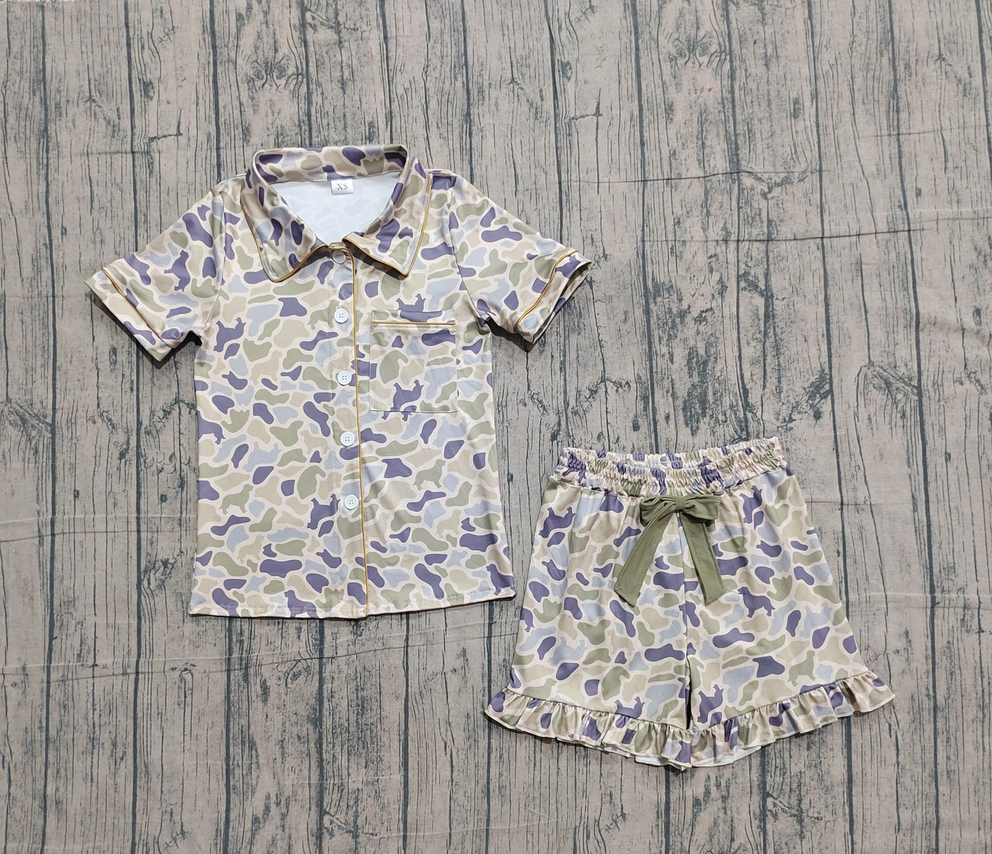 Pre-order no moq GSSO3135 adult clothes pajamas summer camouflage bow short sleeve shorts set-26.1.19