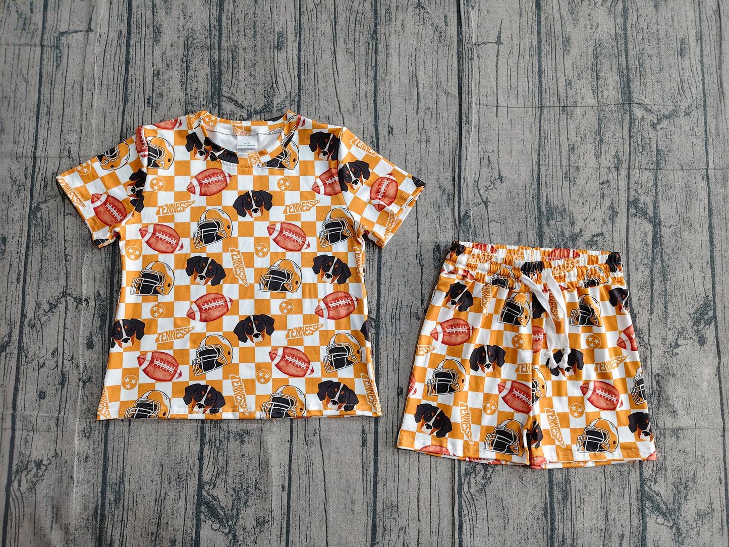 GSSO3161 Preorder Sample Baby Girl Football Dogs Orange Checked Top Shorts Team Clothes Sets
