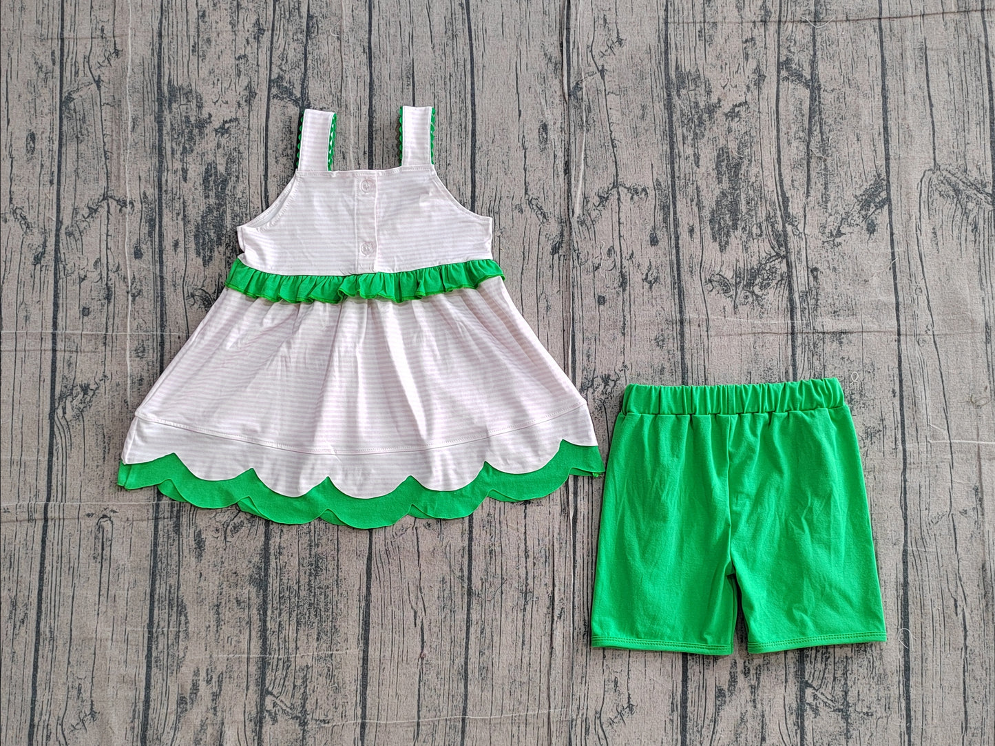 GSSO3164 Preorder Sample Embroidery Watermelons Baby Girl Strap Stripe Tunic Ruffle Short Clothes Sets