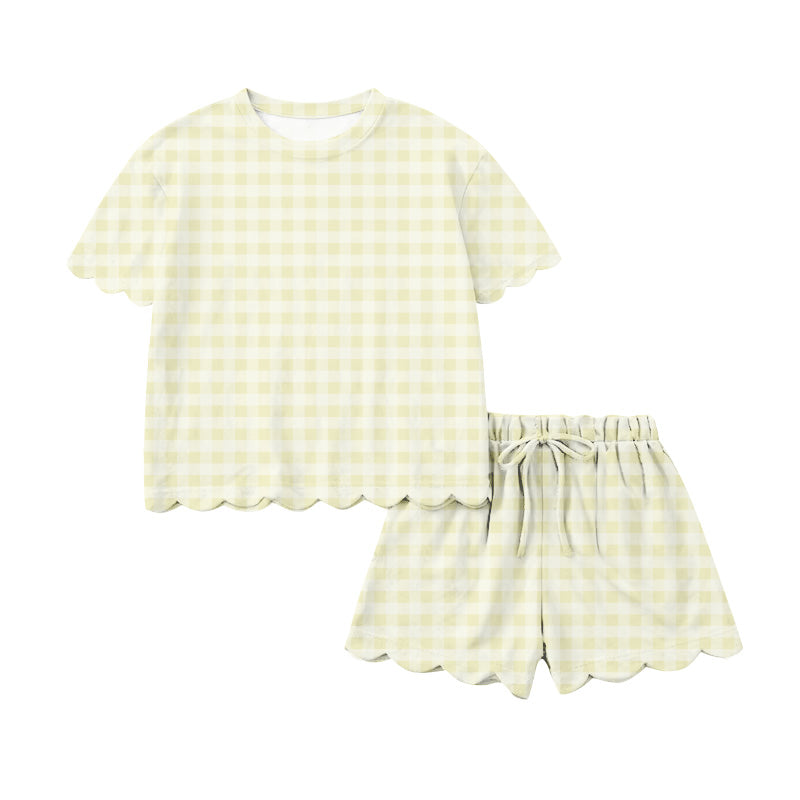 Pre-order no moq GSSO3185 pre-order baby girl clothes light yellow plaid short sleeve shorts summer outfit-26.1.14
