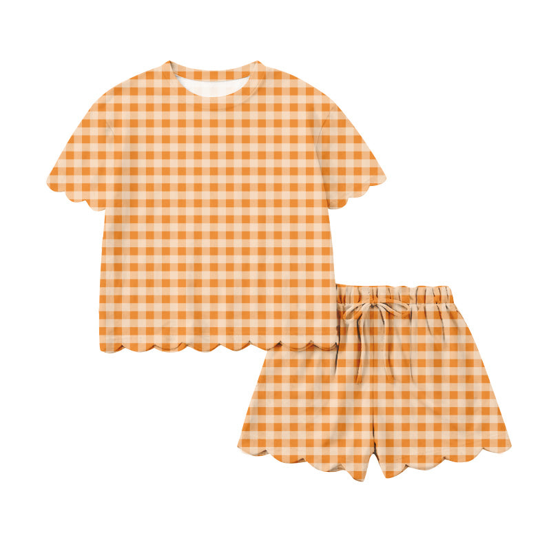Pre-order no moq GSSO3188 pre-order baby girl clothes orange plaid short sleeve shorts summer outfit-26.1.14