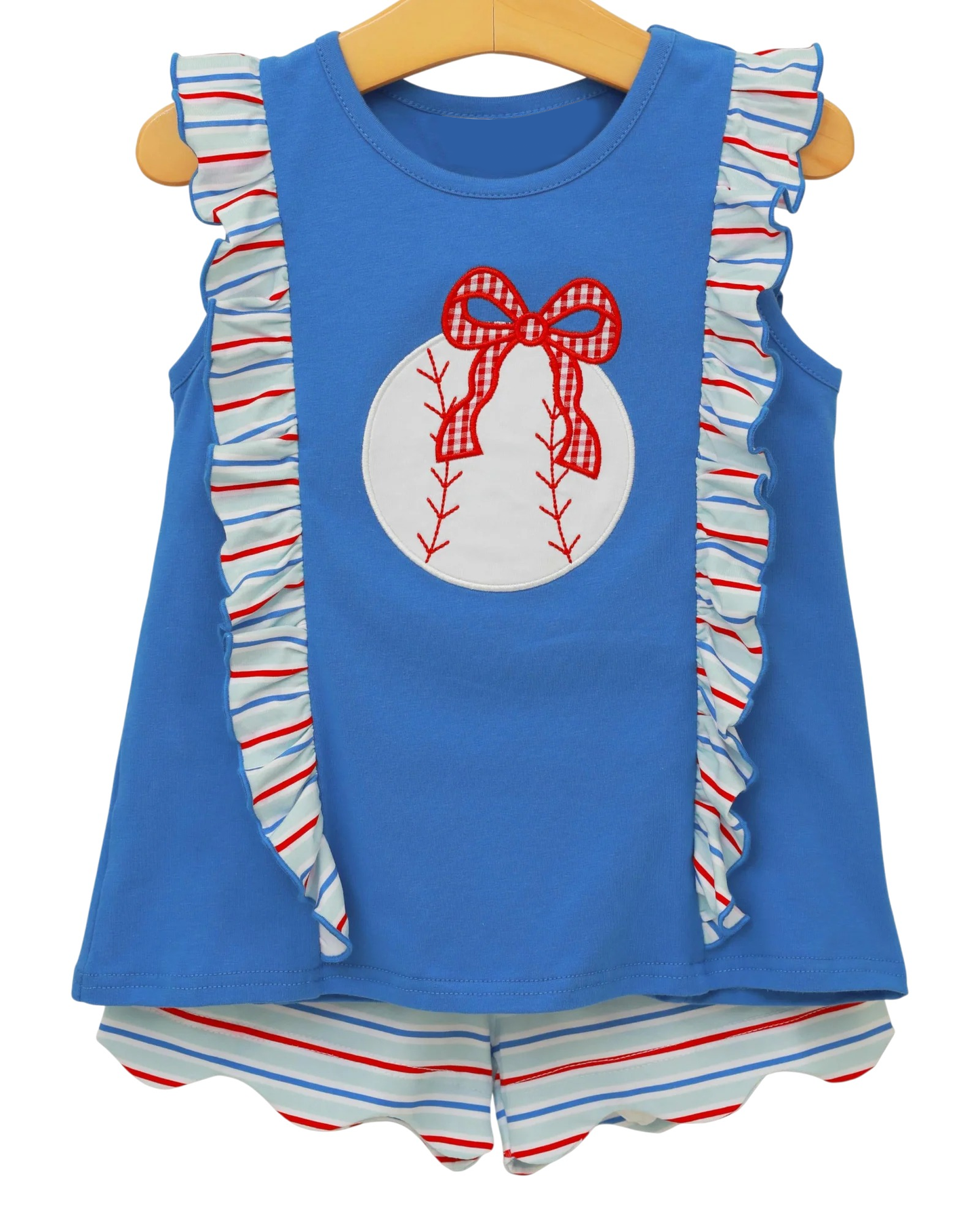 Pre-order no moq GSSO3191 pre-order baby girl clothes summer baseball bow blue sleeveless shorts sets-26.1.14
